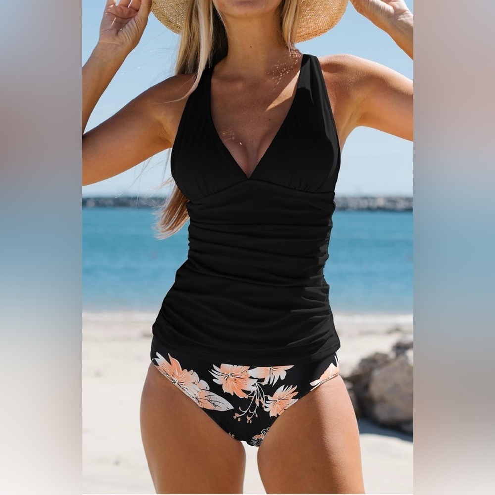 BEACHSISSI- Women’s Deep V Neck Black XL Tankini Tops Ruched Criss- Cross Back